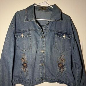 Vintage Embroidered medium blue wash denim jacket with floral details